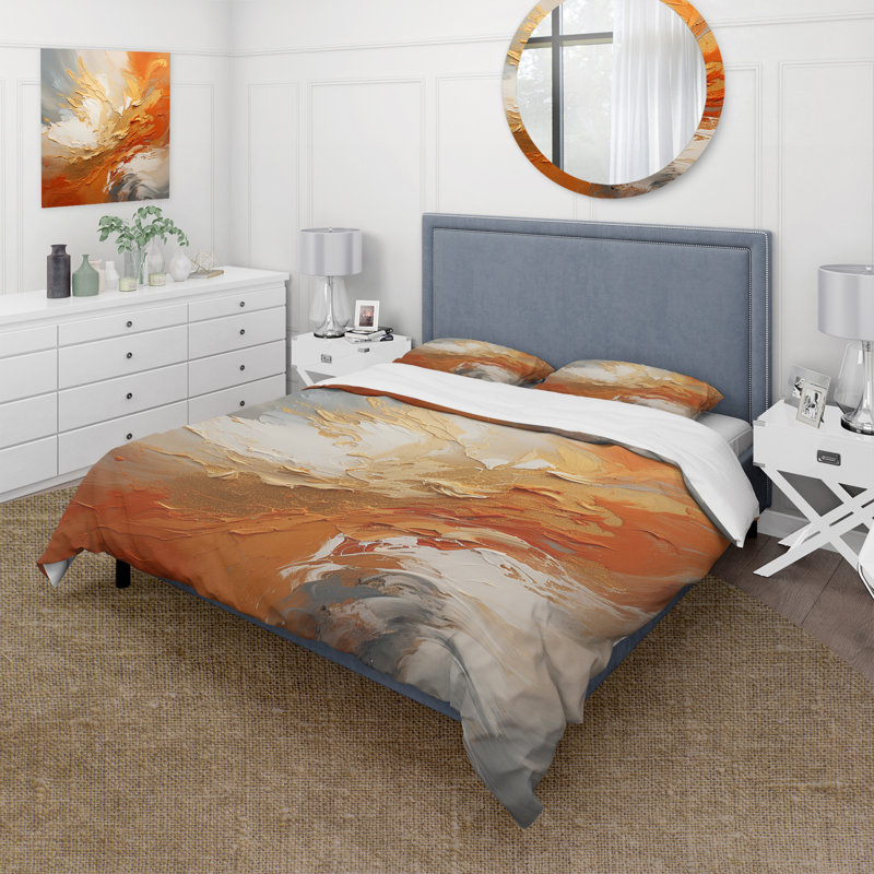 Ensemble de housse de couette Golden Orange Surge - Abstract Spirals, Housse de couette pour grand lit et 2 taies décor