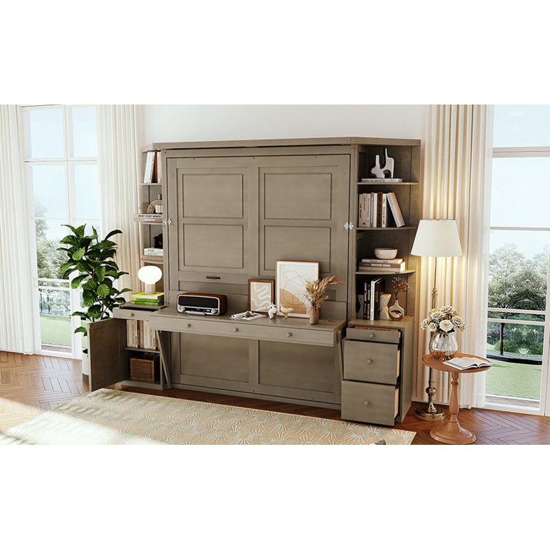 Grand lit escamotable avec bureau et armoires de rangement Lit escamotable mural pour économiser de l'espace, Grey