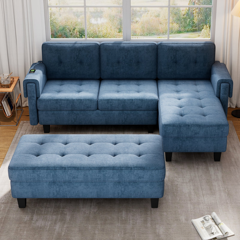 Canapé-lit modulaire en L et méridienne réversible avec banc et station de charge, Chenille bleu marine