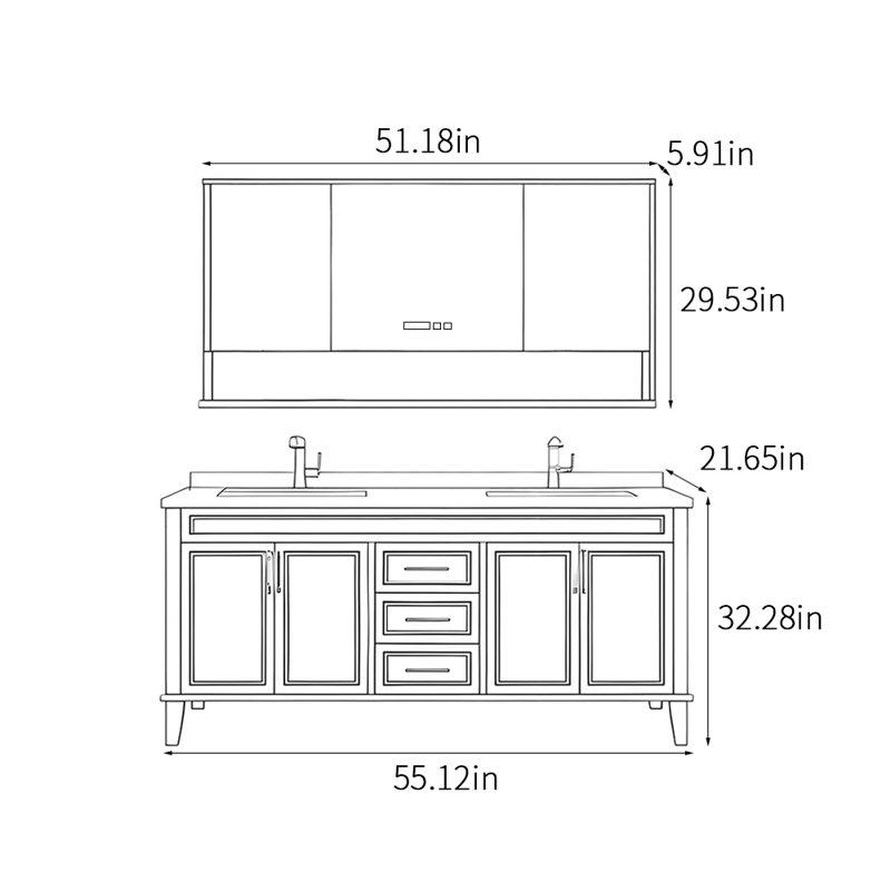 Armoire de salle de bain simple et moderne de style français, 32.28'' H x 55.12'' W x 21.65'' D, Blanc cassé / blanc