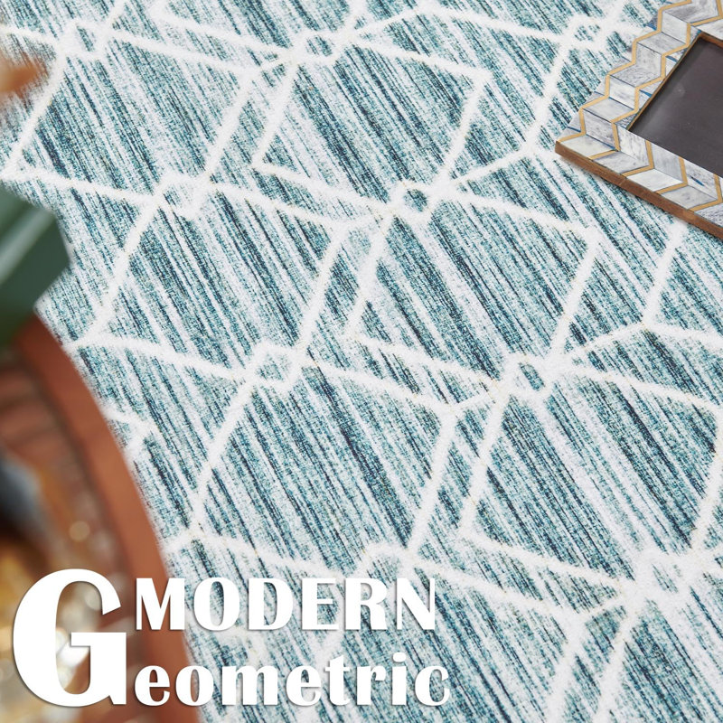 Tapis bleu marocain à motif géométrique antidérapant lavable, Rectangle 3 pi x 5 pi