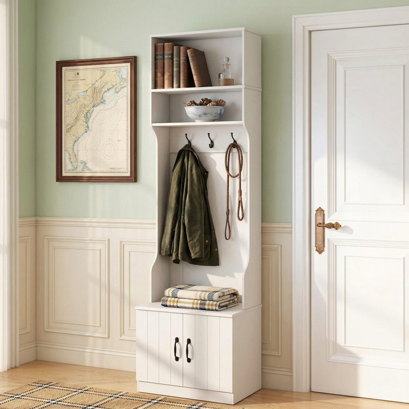 Arbre d'entrée de 23,5 po de largeur 3 en 1, banc de siège rembourré et zones de rangement multifonctionnelles, conception anti-basculement adaptée au vestibule, vestibule