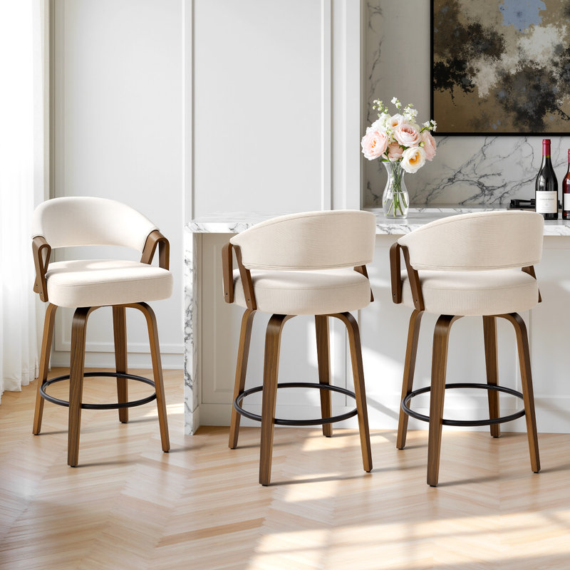 Tabouret de bar pivotant à 360 ° de style Mid-Century moderne en noyer avec dossier courbé rembourré (ensemble de 3), Blanc