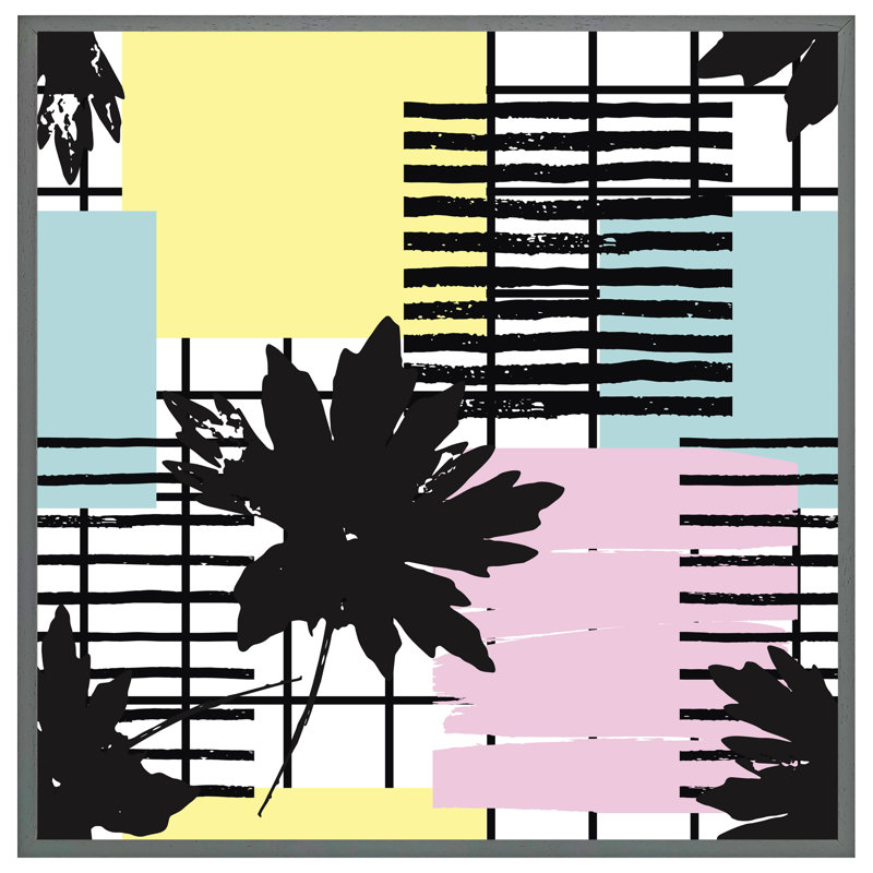 Acelino Geometric Shape & Leaf Print - Single Picture Frame Print, 76cm H x 76cm W x 4cm D, Grey Framed