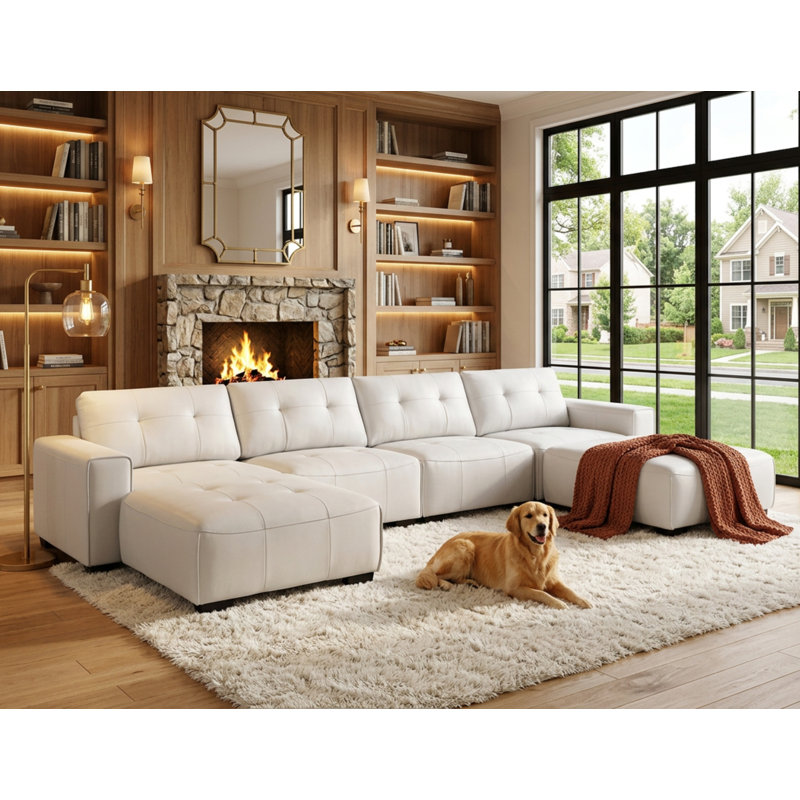 Oversized Modular Leather Sectional Sofa -  Upholstered Couch With 10" Wide Arms, Zipper Backrests, And Mobile Ottomans With Wheels