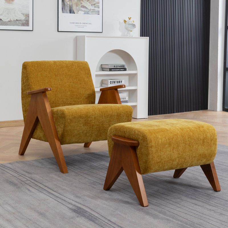 Upholstered Armchair with Footstool, Yellow, 1