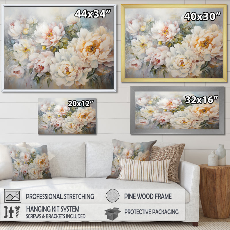 Reproduction sur toile de pivoines blanches, Cadre naturel flottant, H 34 po x l 44 po x P 1,5 po