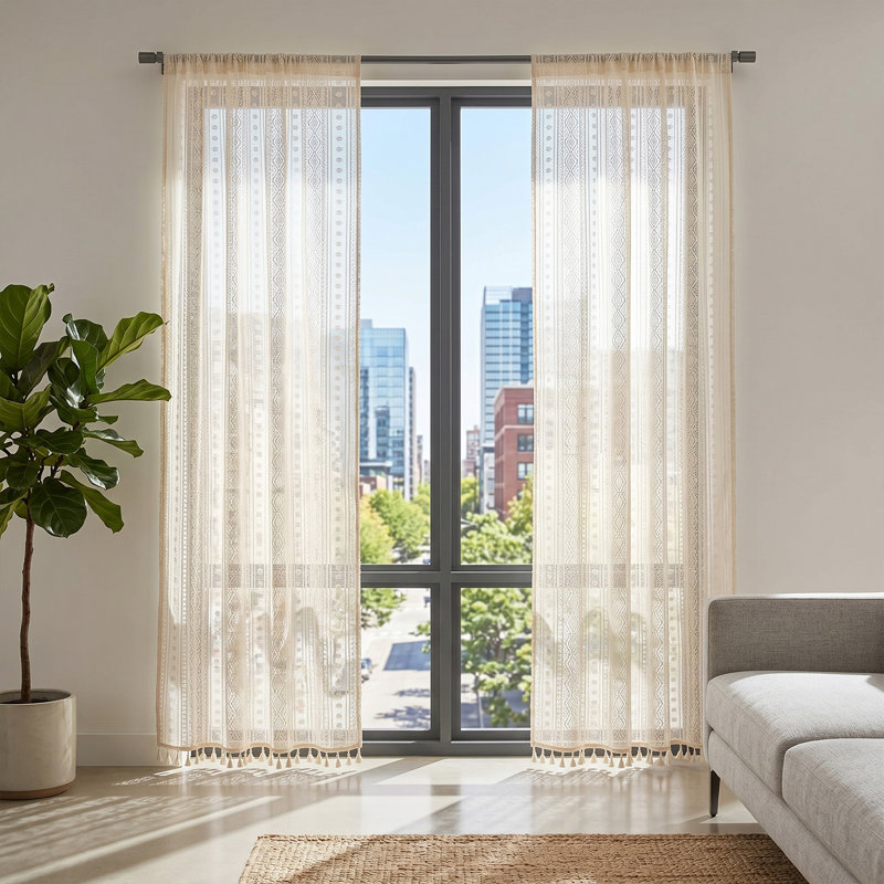 2 Panels Semi-sheer Lace Curtains with Tassels
