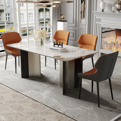 Sintered Stone Dining Table For 4-6, Rectangular Dinner Tabletop With Gunmetal Gray Steel And Solid Wood Grain Accent Base