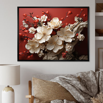 Orchidée blanche et rouge, branches de fleur V - art mural floral abstrait