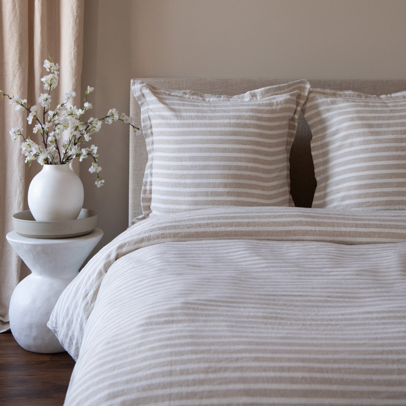 26" X 26" French Linen Euro Pillow With Flange, Putty & Cream Stripe