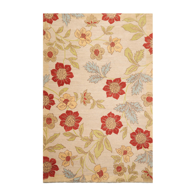 Tapis unique en laine noué à la main beige / lime / brun clair de 5 pi 6 po x 8 pi 6 po Ricketts