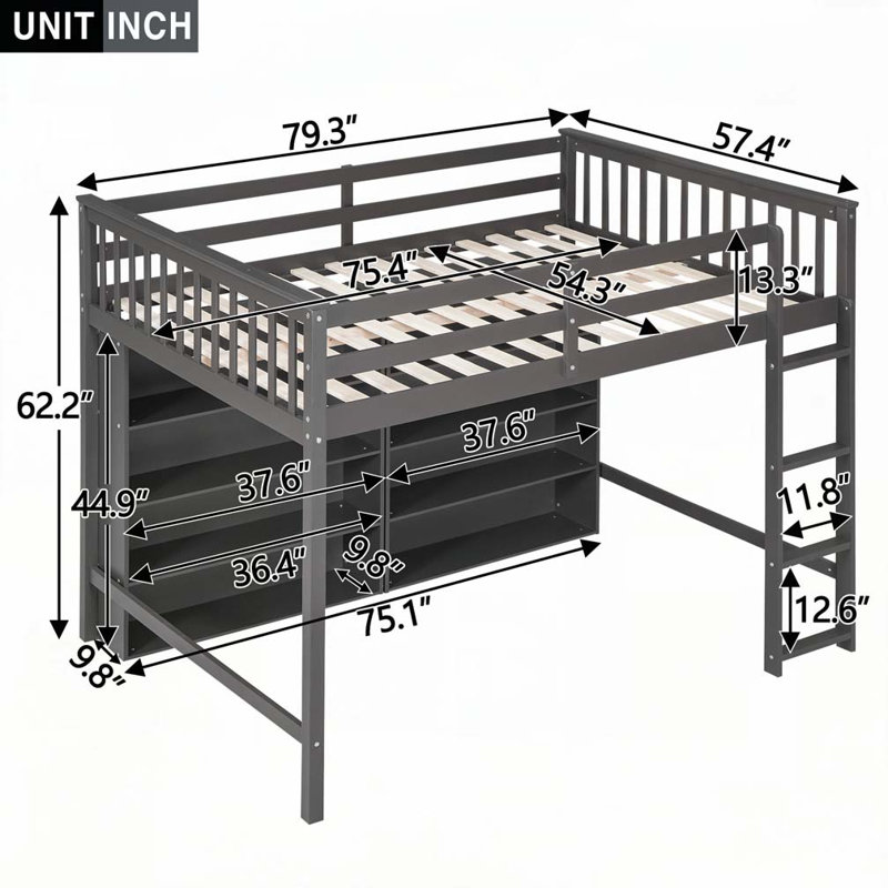 Lit avec 8 tablettes de rangement ouvertes, gris