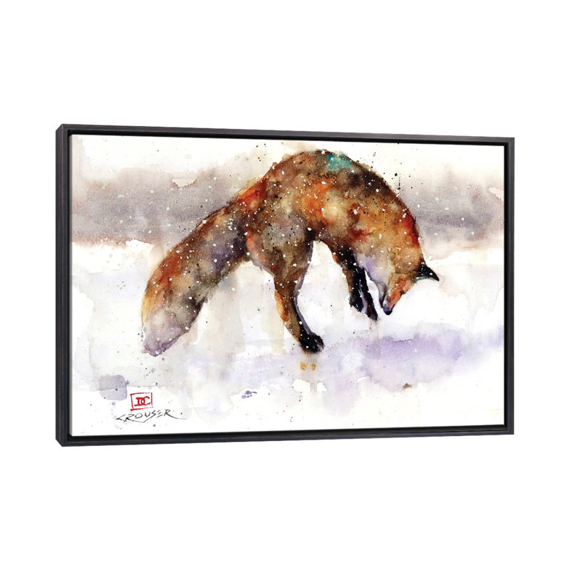 « Jumping Fox » par Dean Crouser, reproduction d’art, H 18 po x l 26 po x P 1,5 po, Encadrement noir décoloré, Pas de tapis