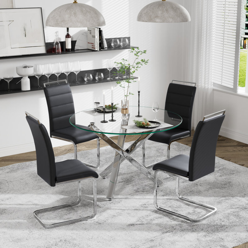 Ensemble de salle à manger 5 pièces, table de salle à manger ronde avec verre trempé et 4 chaises rembourrées, Noir, Argent
