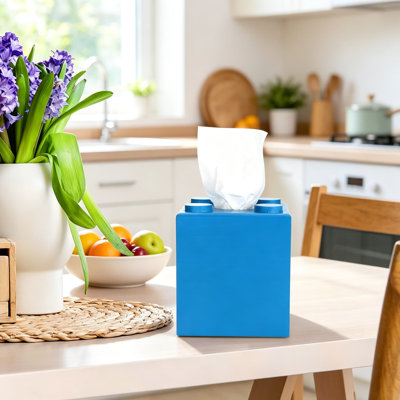 Wood Tissue Box Cover, Building Blocks Design, Square Tissue Box Holder with Slide-Out Bottom, Durable Wooden Decorative Tissue Dispenser for Bathroom Living Room Office Desk, Blue