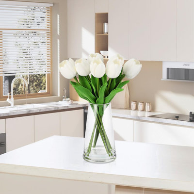 Real Touch Artificial Tulips In Glass Vase With Faux Water, White Table Decor