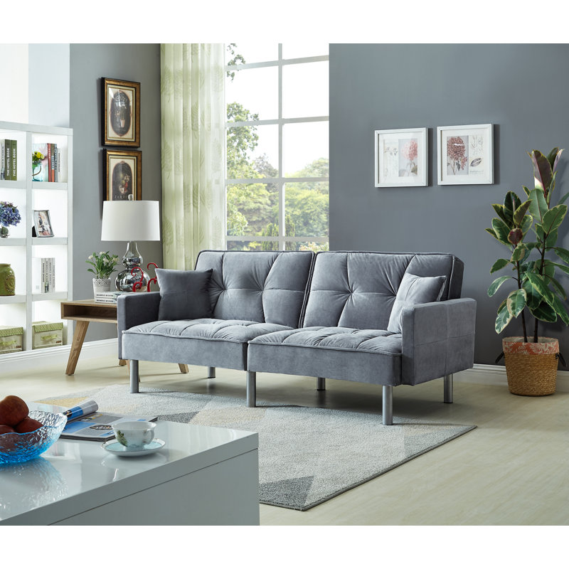 Hemphill 75.5'' Velvet Square Arm Sofa Bed, Gray Velvet