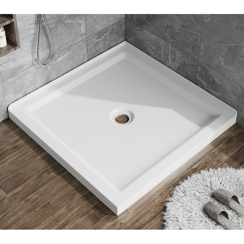 White 36x36 Shower Base - 3.3" Low - Profile, Anti - slip Acrylic, Center Drain, Double Threshold Design, White