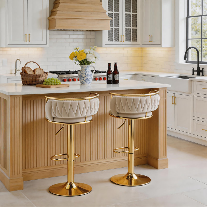 Christal Swivel Upholstered Adjustable Height Counter Stool, Ivory, Gold