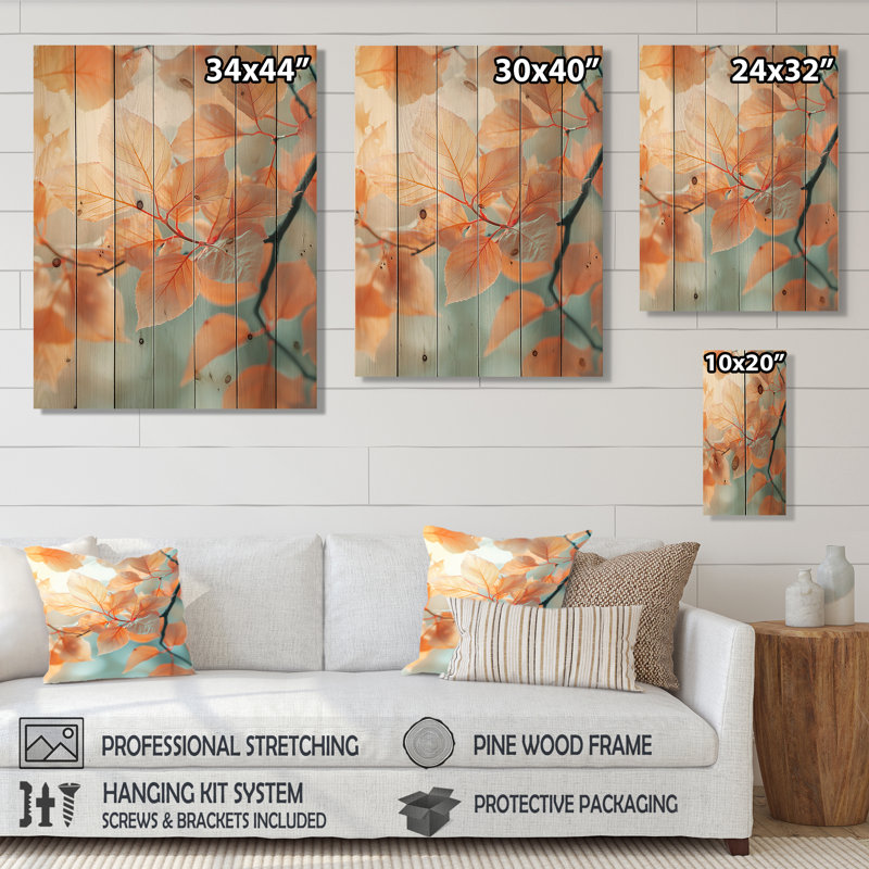 Sun-Kissed Leaves I - Leaves Wood Wall Art - On Natural Pine Wood, 20" H x 10" W x 0.78" D