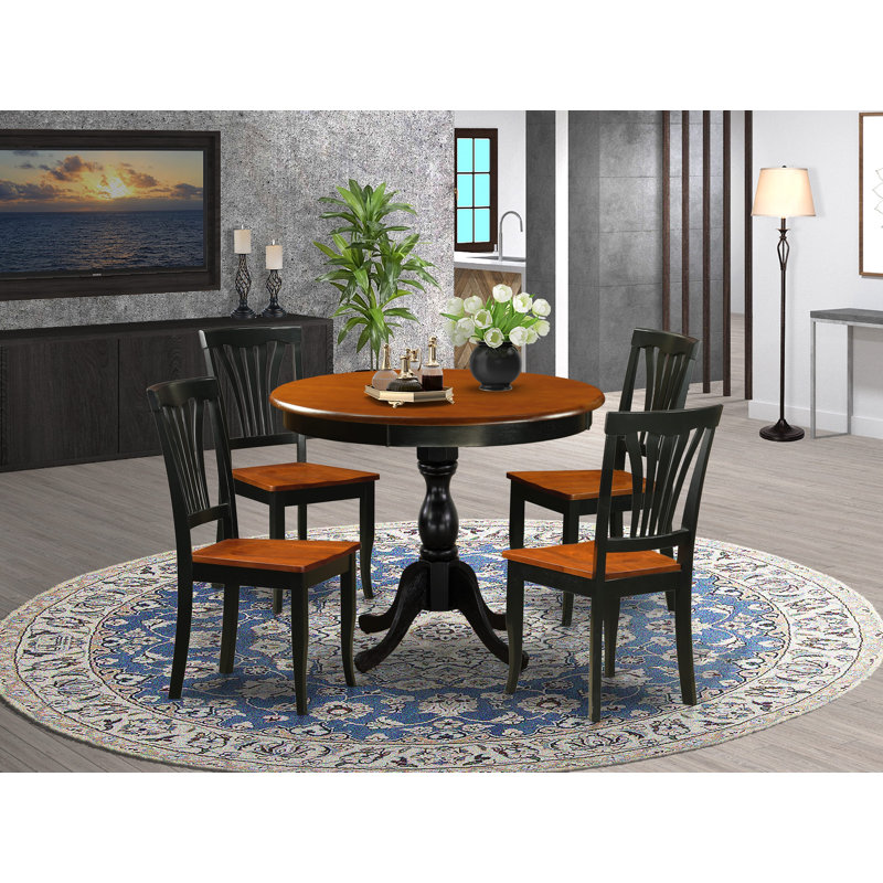 5-Piece Dining Set Includes a Dining Table and 4 Mid Century Chairs with Slatted Back - Black Finish, Black/Cherry, Wooden