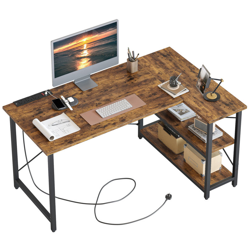 Aaleia Modular L-Shaped Stainless Steel Computer Desk with Built-In Electrical Outlet, Rustic Brown