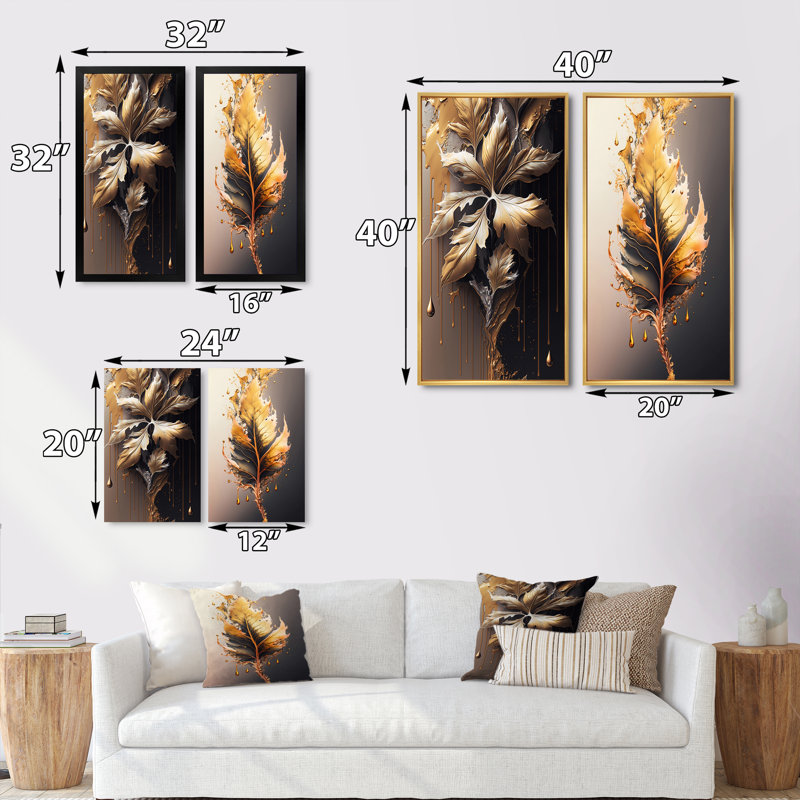 «Gold Abstract Leaves», 2 pièces sur toile, Encadrement brun, H 20 po x l 24 po