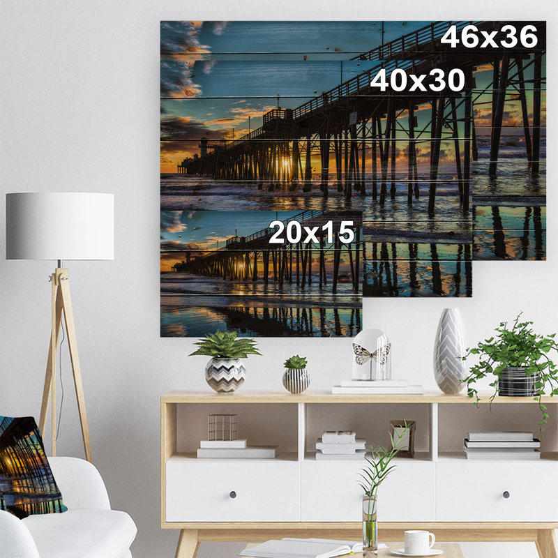 Oceanside Pier at Evening - Reproduction de photo de paysage, H 15 po x l 20 po x P 1 po, Bois