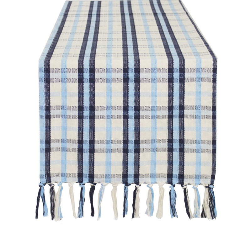 Blue-White Plaid Cotton Blend Table Runner With Fringes, 59" x 0.25"