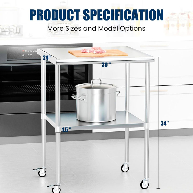 Table de travail de 24 po x 30 po en acier inoxydable avec tablettes et roulettes réglables, idéale pour la cuisine commerciale de restaurant, facile à assembler à l'extérieur, à l'hôtel et dans le garage, rapide