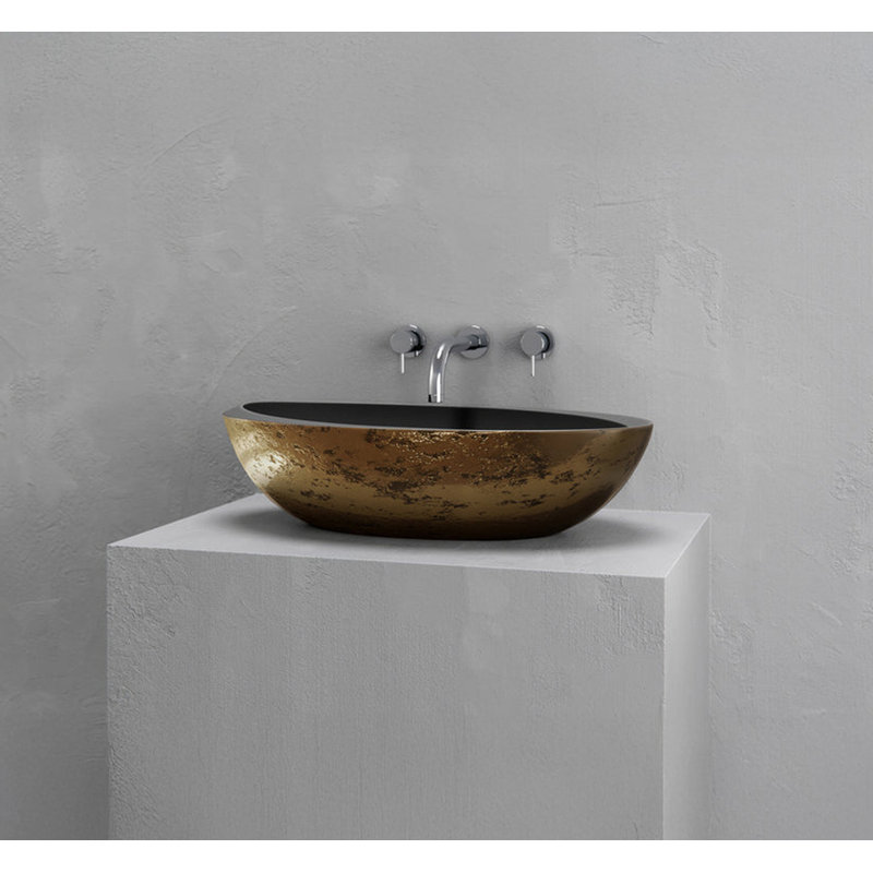 Vast Studio 24” L x 13.8” W Textured Aged Brass/Black  Vessel Sink – Oval Countertop Basin with Smooth White Interior, Metallic Luxury Finish & Modern Spa-Inspired Sculpted Design