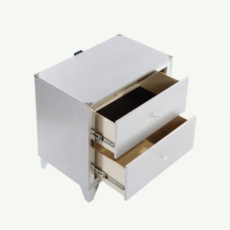 Table de chevet 2 tiroirs avec accents scintillants, argent