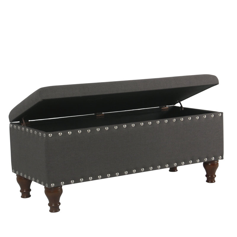 Anielle Upholstered Ottoman Storage Bench, Charcoal/Mattet Chrome Nailhead