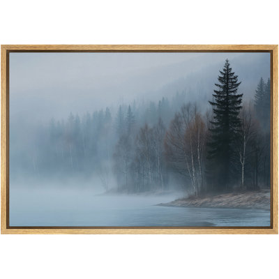 «Foggy Forest Lake with Pine Trees Wall Decor», reproduction d'art sur toile encadrée
