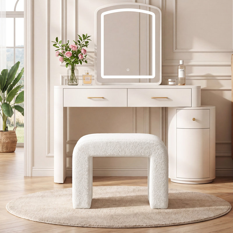 23.62" W Faux Cashmere Vanity Stool, White