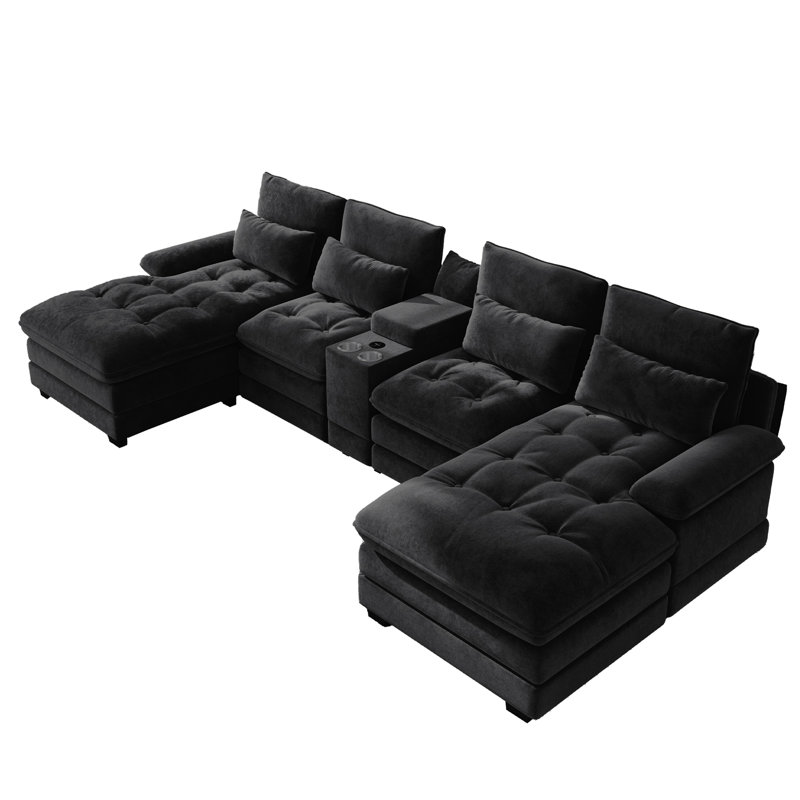 Oversized 130"W 4 Piece U-Shape Sectional With Console & Cup Holders, Black