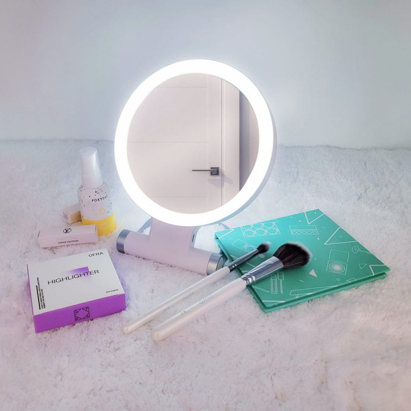 Compact White Dual-Sided LED Makeup Mirror with 10x Magnification