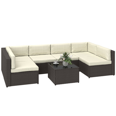 Ensemble de mobilier de patio 7 pièces, ensemble de canapé modulaire en osier pour l'extérieur, ensemble de conversation pour l'extérieur en rotin PE avec coussins, table basse avec plateau en verre, blanc crème
