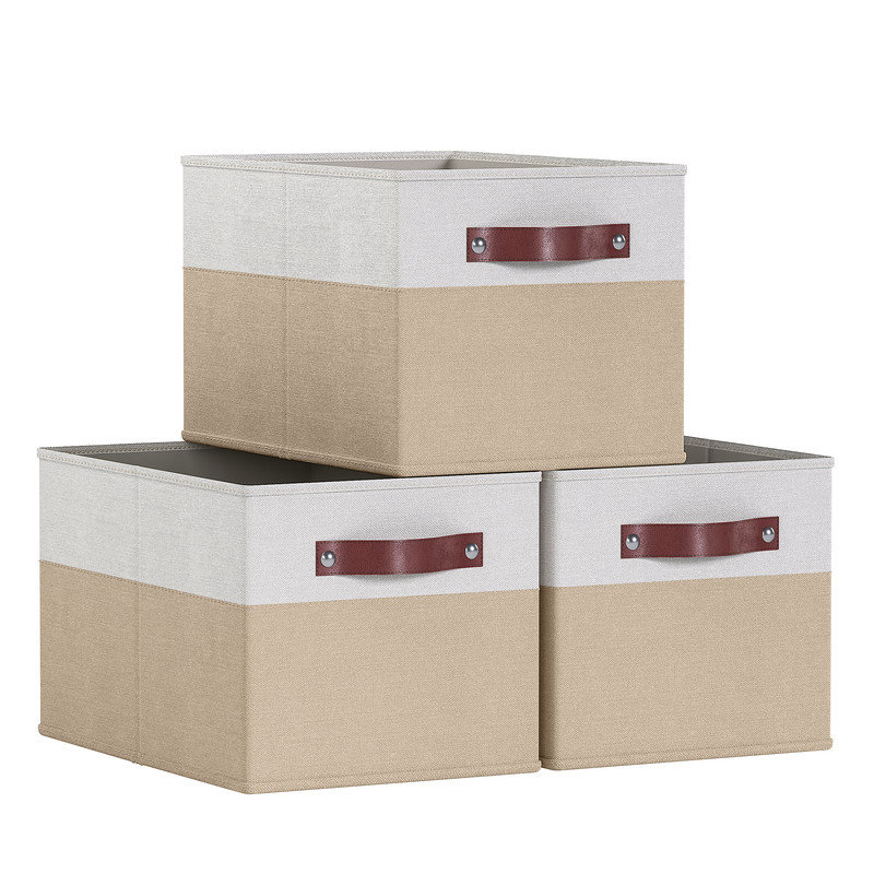 Latitude Run® Fabric and Cardboard / Paper Decorative Bin, 7.8" H x 11" W x 16.5" D, White/Khaki