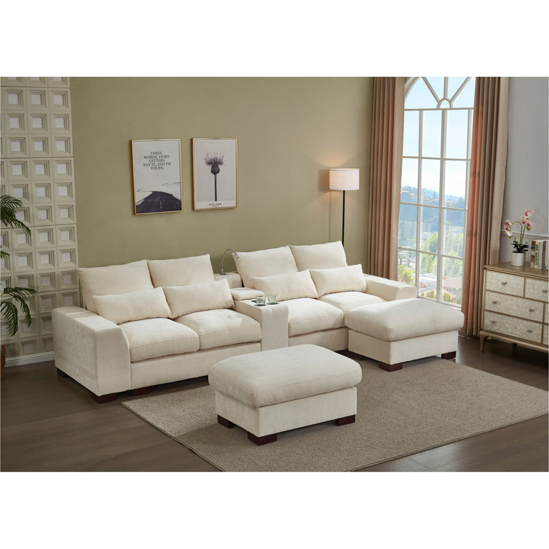 Canapé modulaire moderne avec console, port de charge USB, lampe de lecture, porte-gobelet, Tissu beige