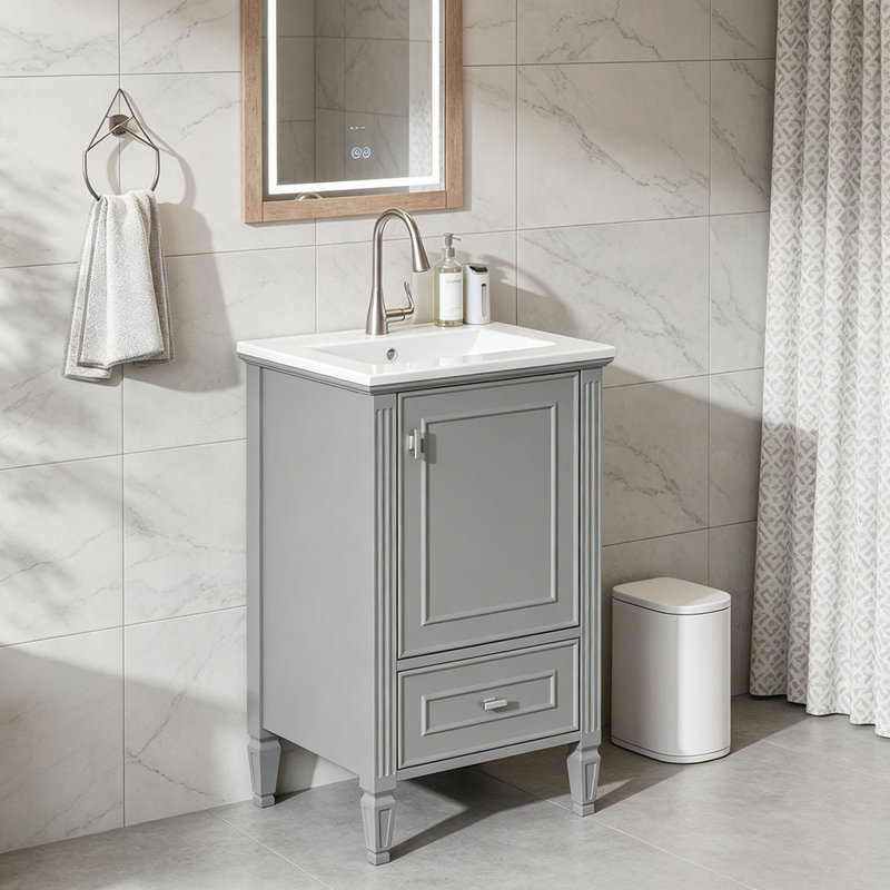 Meuble-lavabo de 20 po avec lavabo en céramique, pieds en bois massif, meuble-lavabo autoportant avec armoire de rangement, tiroirs et portes à fermeture en douceur, support de rangement