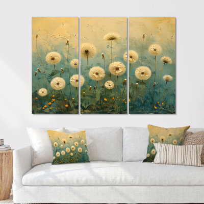 Beige Blue Spring Dandelion Collage I - Dandelion Wall Art Living Room Set