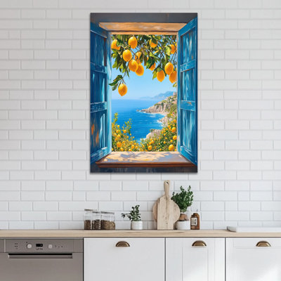 Lemon Wall Art, Italian Kitchen Wall Decor, Lemon Canvas Wall Art for Kitchen, Mediterranean Window Fruit Art Wall Decor Poster Prints for Wall Artwork, Vintage Pictures for Kitchen 18" × 24"