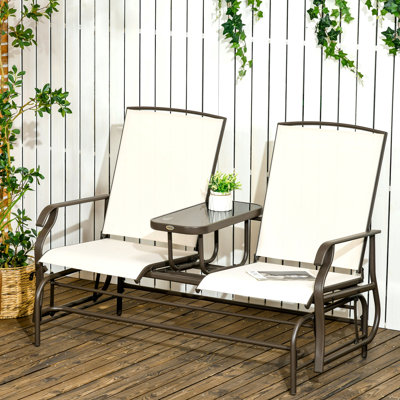 Banc oscillant d'extérieur avec table centrale, causeuse de patio à structure en métal avec tissu en filet respirant et accoudoirs pour le porche de jardin arrière, beige