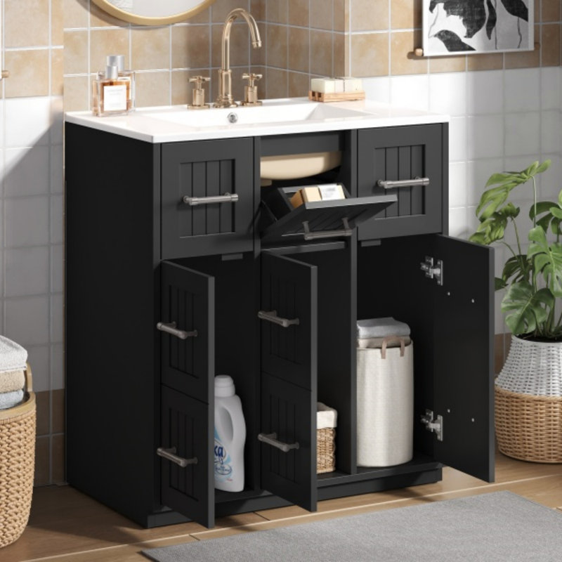 Meuble-lavabo de 30 po avec lavabo encastré et tiroirs, surface peinte, portes à fermeture en douceur, armoire de salle de bain avec tiroir basculant