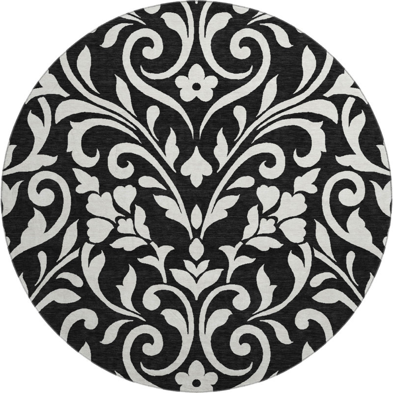 Premium Machine Washable Prisco Black Rug, Round 8'