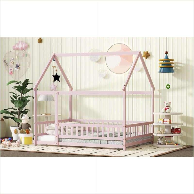 Full Size Rubber Wood House Floor Bed Frame with Roof &amp; Guardrails - No Box Spring Needed, Pink Bedroom, Full , Pink