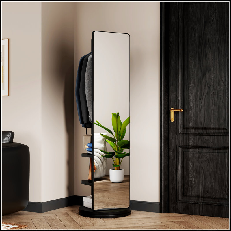 Miroir complet avec support intégré, cadre en bois d'hévéa massif, verre transparent, idéal pour les chambres à coucher et les salons, peu encombrant et élégant (noir)