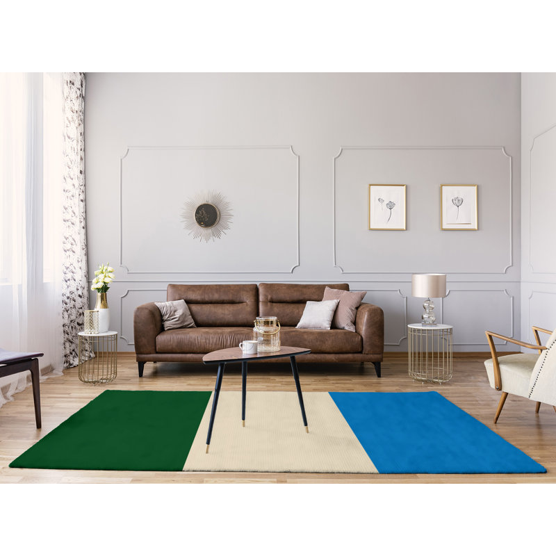 Tapis à rayures vert/crème/bleu, Rectangle 9 pi x 12 pi